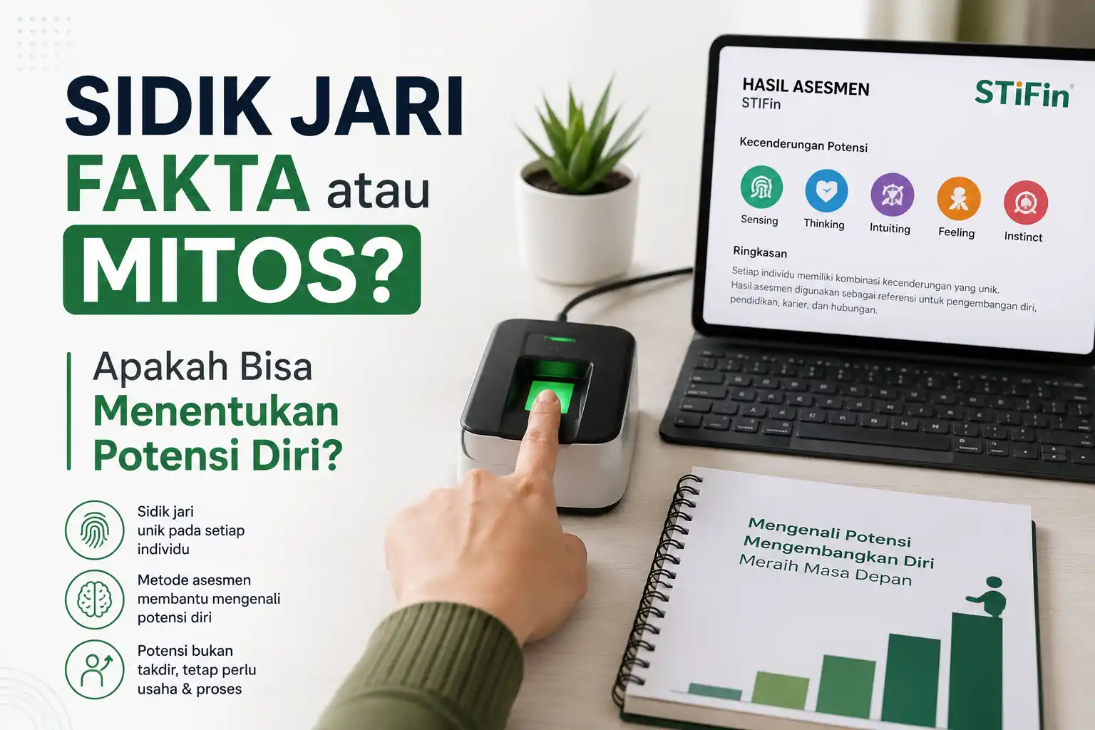 Ilustrasi sidik jari dan proses asesmen potensi diri menggunakan metode STIFIn.